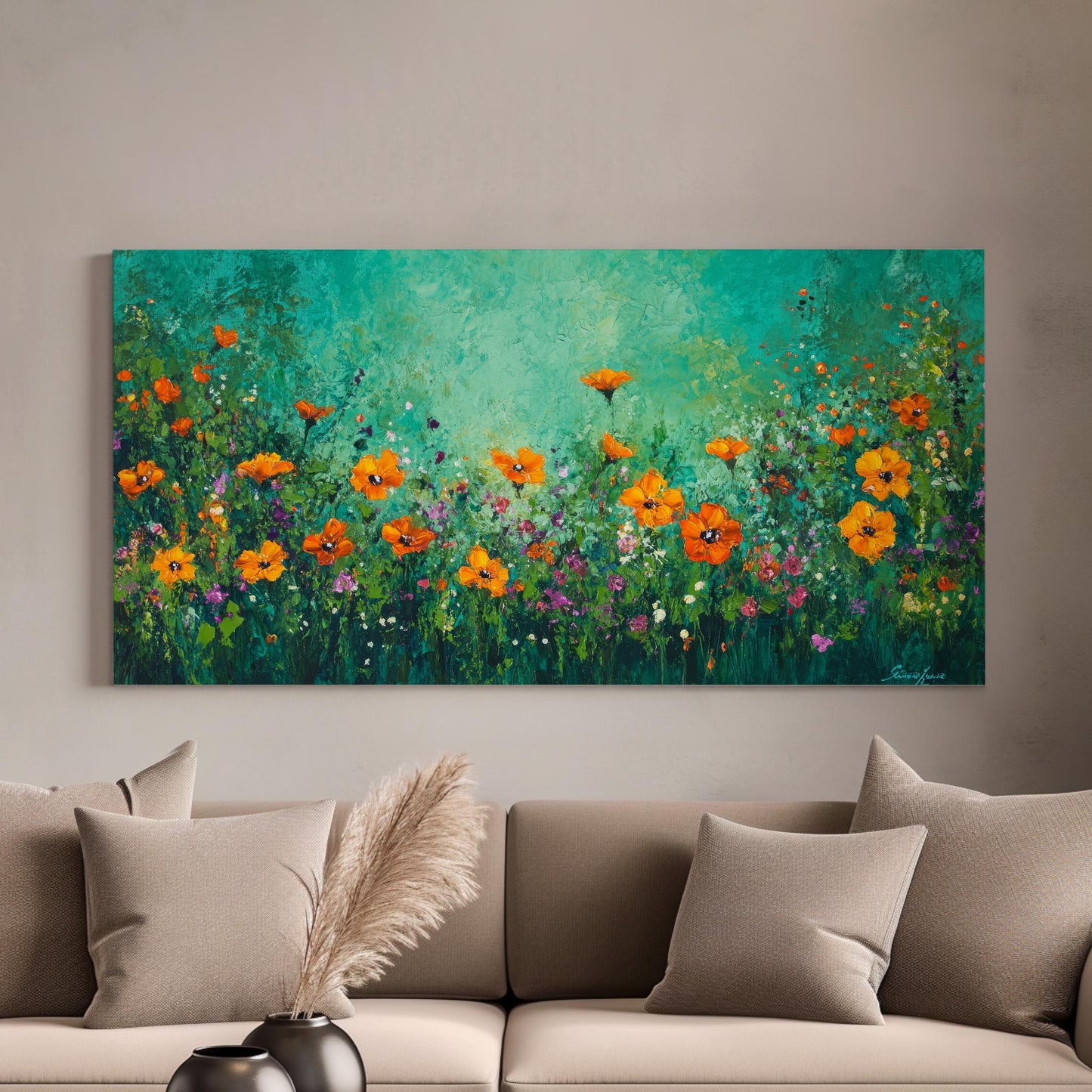Vibrant Poppy Meadow Canvas Art | Impasto Floral Print | Bohemian Wall Art For Living Room | Jadeite Green Art Horizontal Art