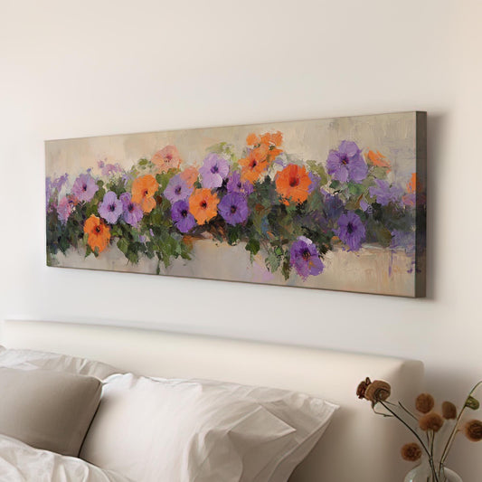 Vibrant Petunia Canvas Art | Impasto Floral Print | Bohemian Wall Art For Living Room | Apricot Blush Art Panoramic Wall Art