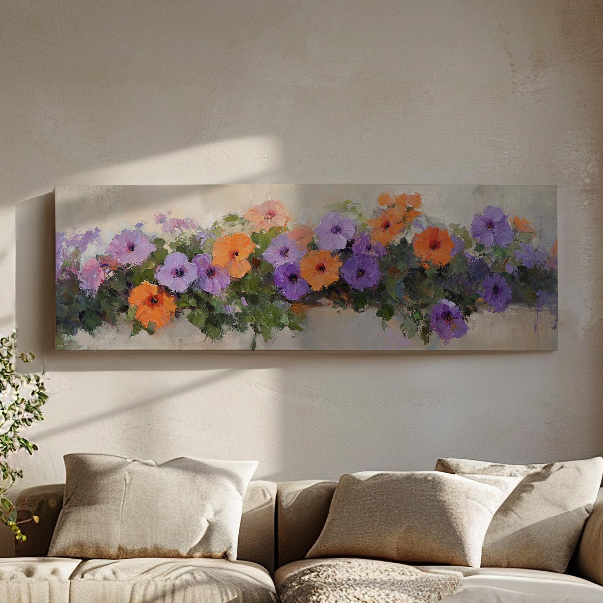 Vibrant Petunia Canvas Art | Impasto Floral Print | Bohemian Wall Art For Living Room | Apricot Blush Art Panoramic Wall Art