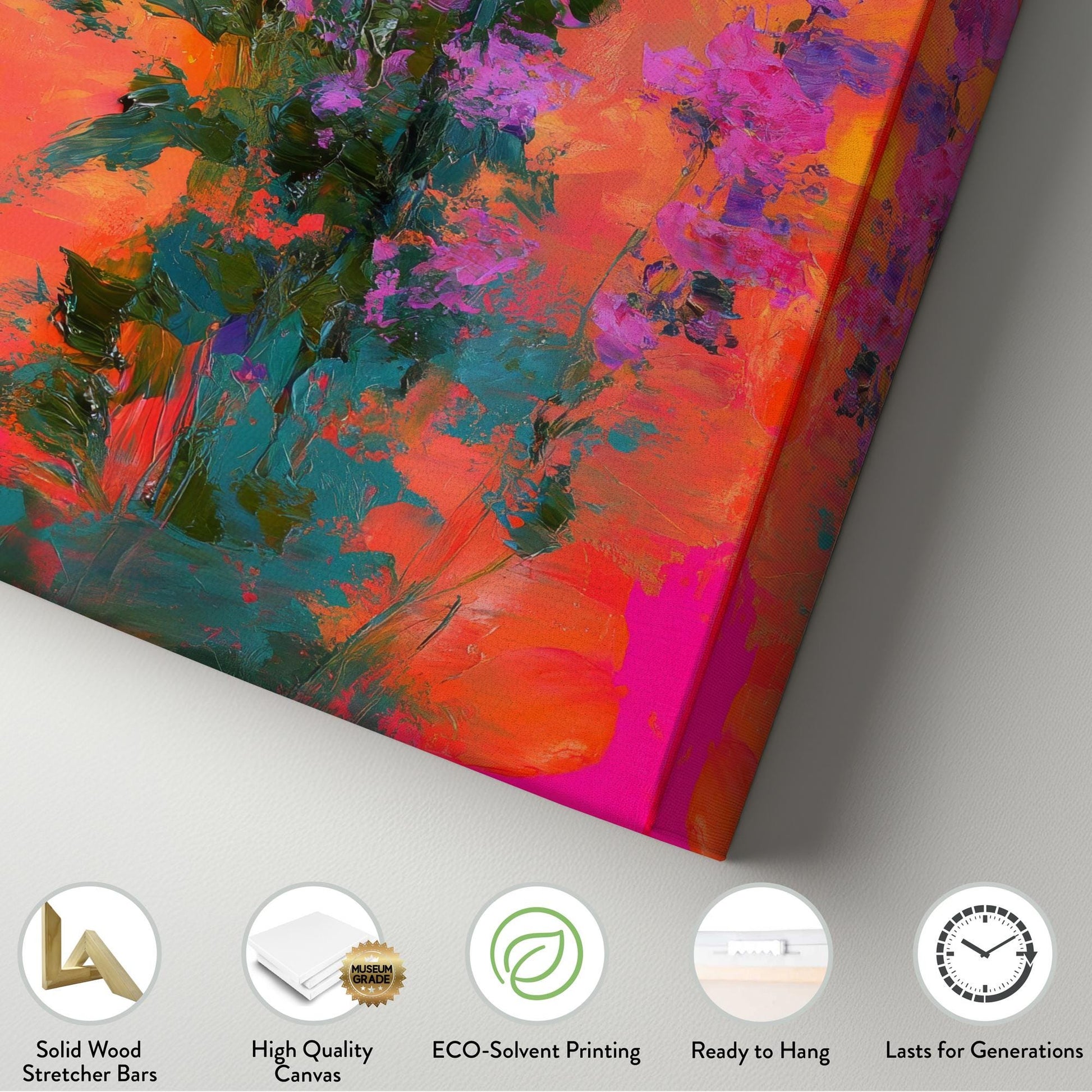 Vibrant Floral Canvas Art | Impasto Print | Bohemian Wall Art For Living Room | Tangerine Sunset Art Long Vertical Art
