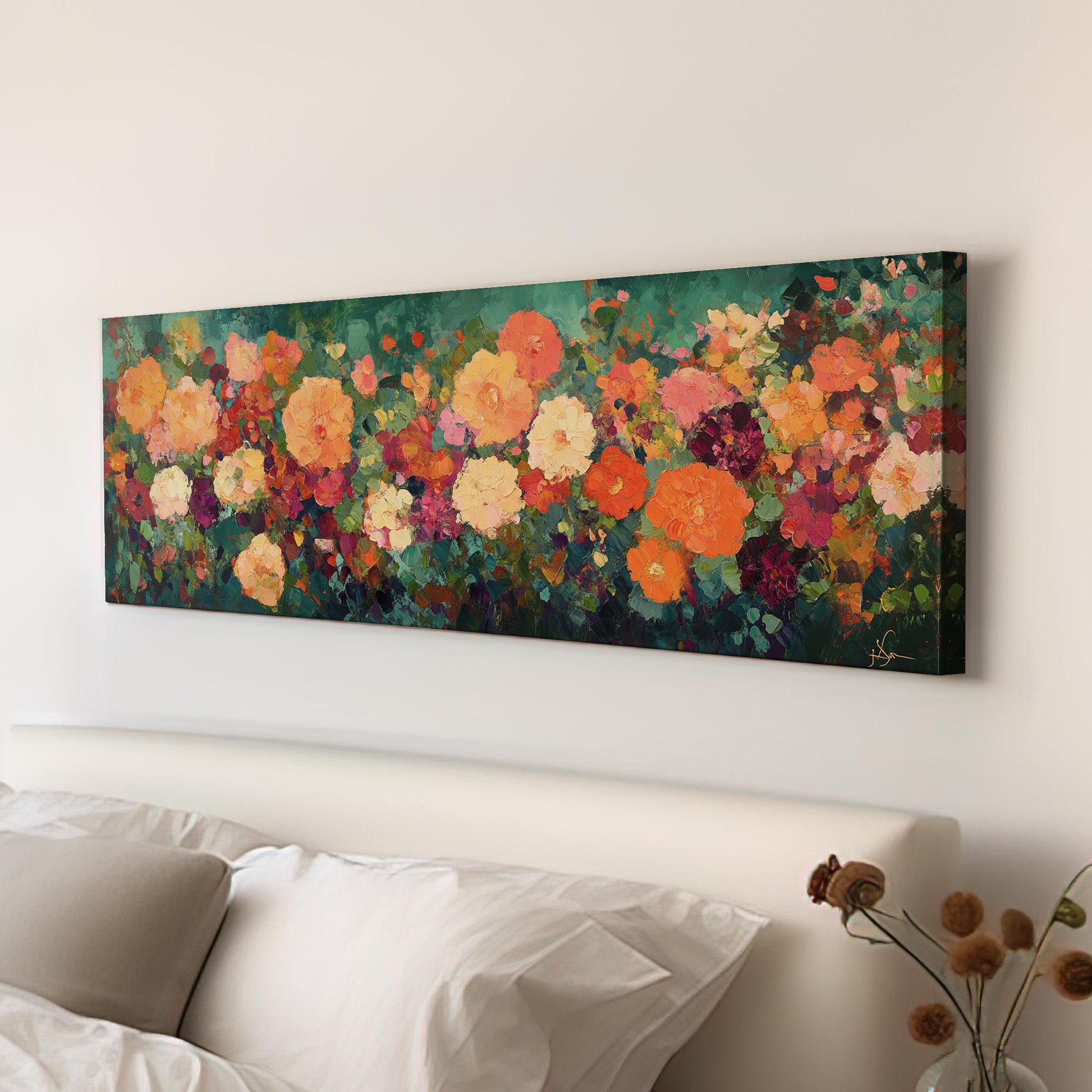 Vibrant Floral Canvas Art | Impasto Painting Print | Bohemian Wall Art For Living Room | Terracotta Jade Art Panoramic Wall Art