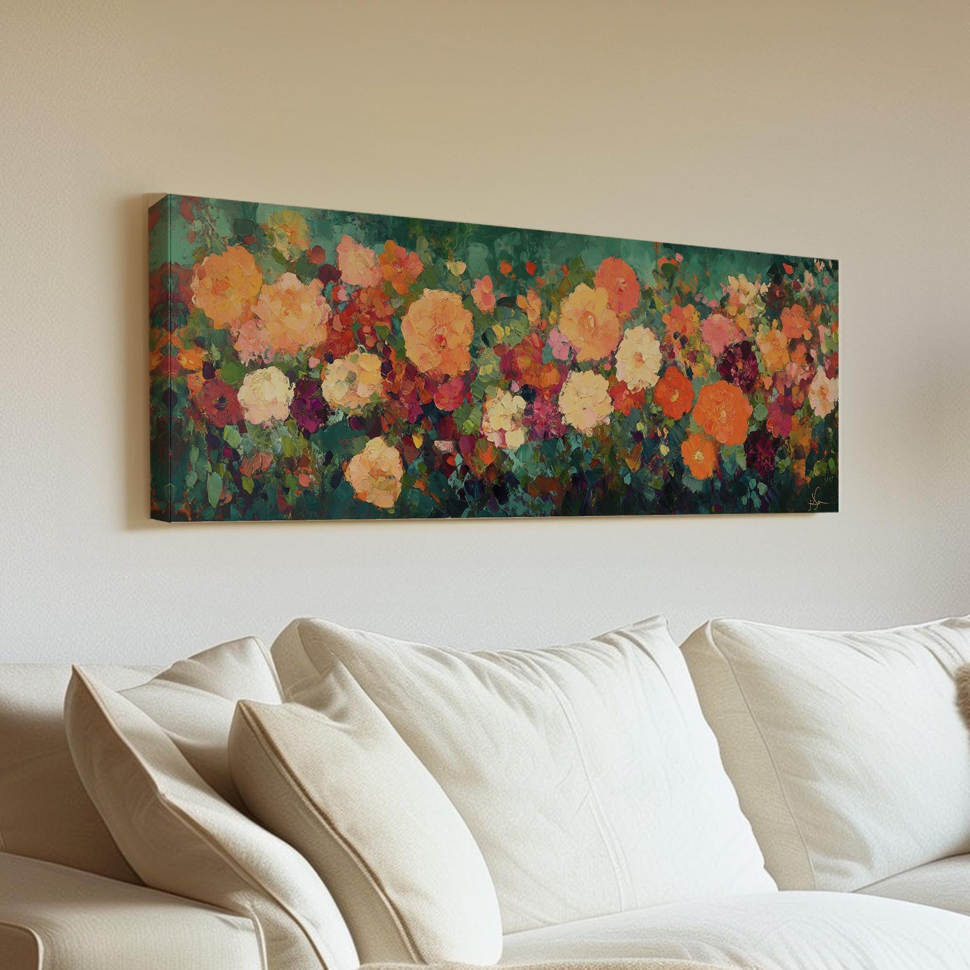 Vibrant Floral Canvas Art | Impasto Painting Print | Bohemian Wall Art For Living Room | Terracotta Jade Art Panoramic Wall Art
