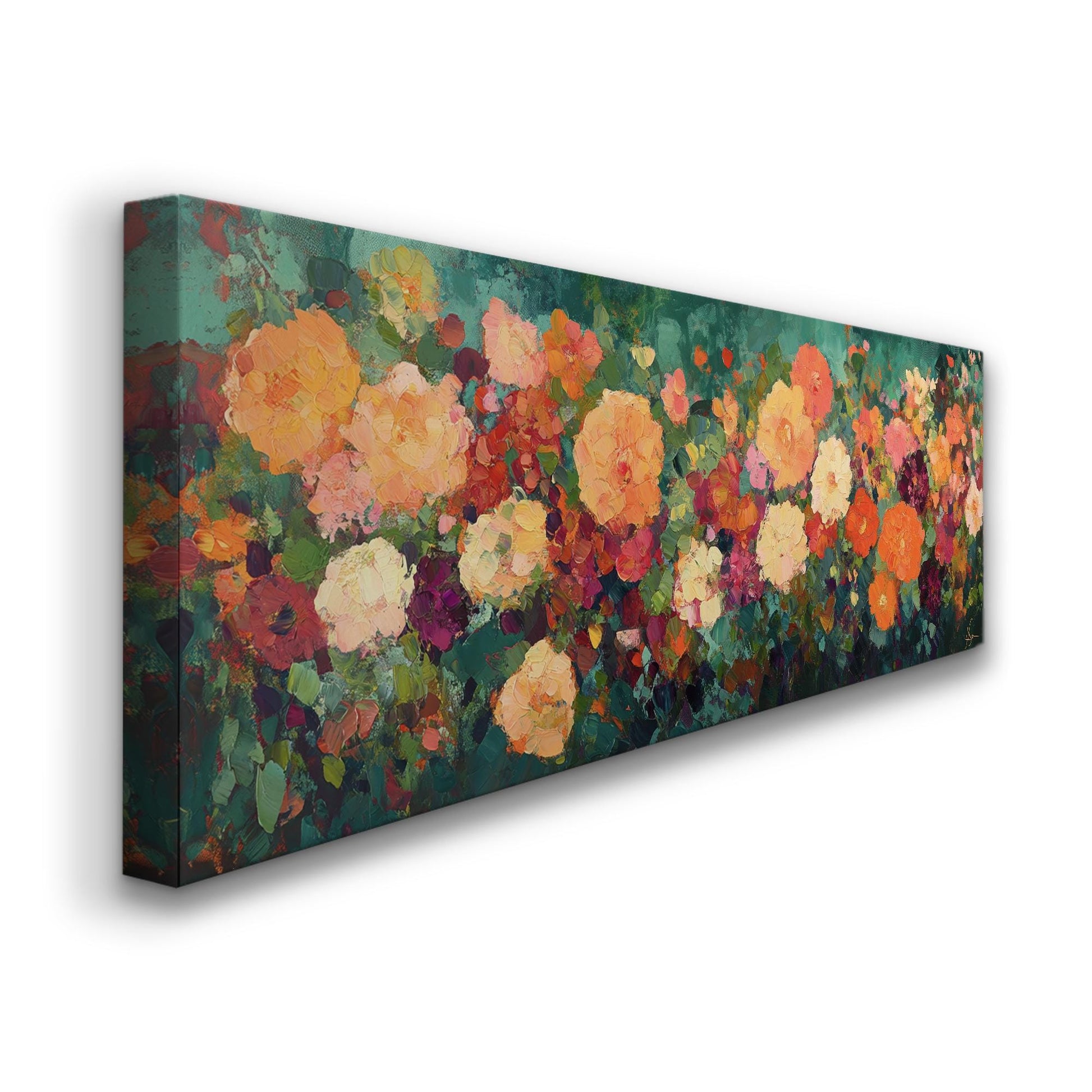 Vibrant Floral Canvas Art | Impasto Painting Print | Bohemian Wall Art For Living Room | Terracotta Jade Art Panoramic Wall Art