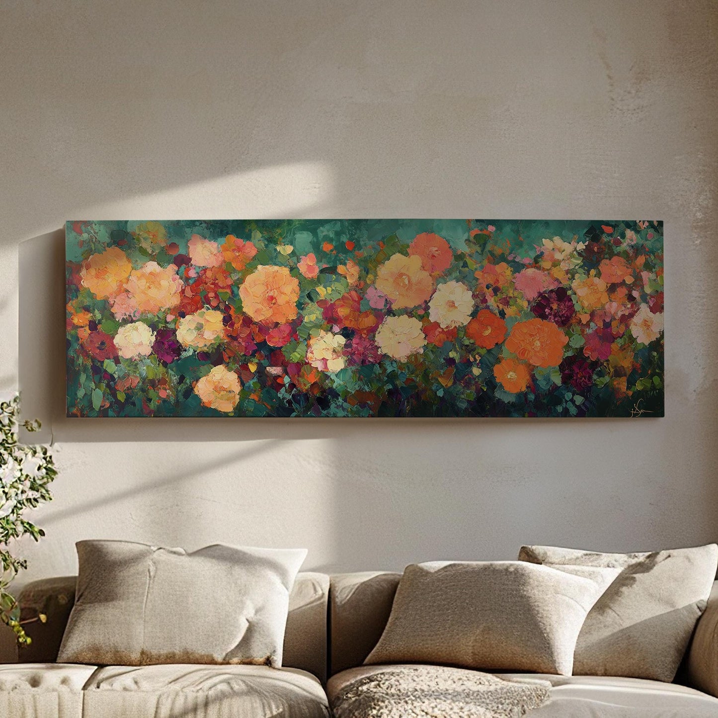 Vibrant Floral Canvas Art | Impasto Painting Print | Bohemian Wall Art For Living Room | Terracotta Jade Art Panoramic Wall Art