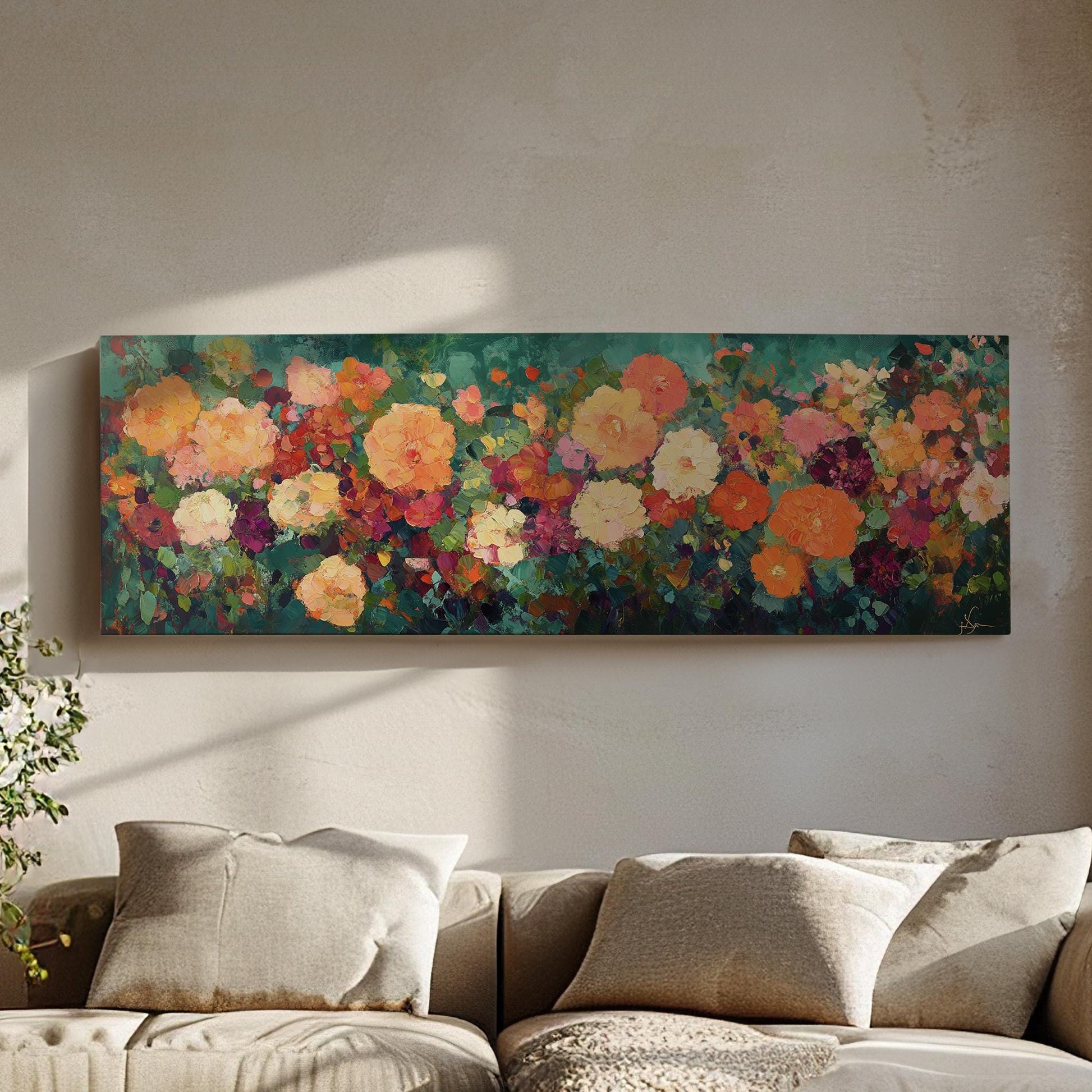Vibrant Floral Canvas Art | Impasto Painting Print | Bohemian Wall Art For Living Room | Terracotta Jade Art Panoramic Wall Art