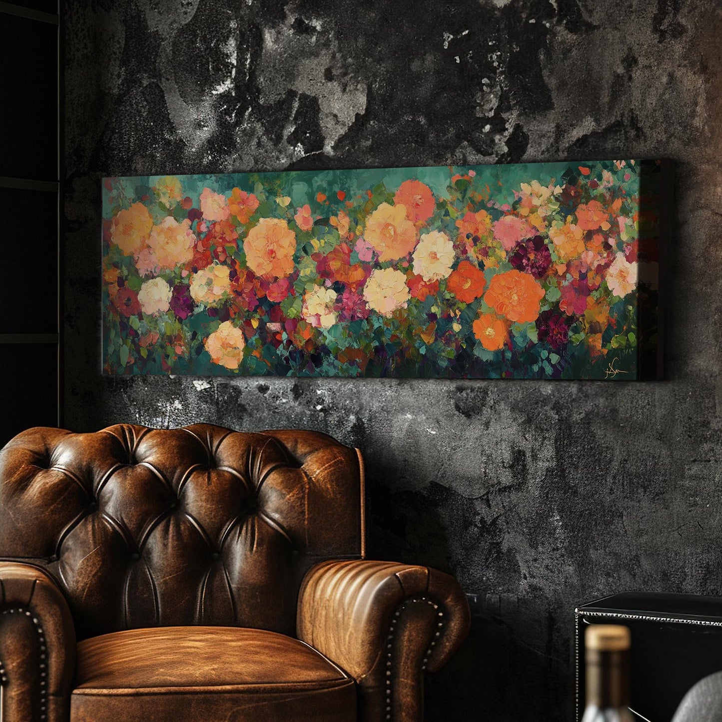 Vibrant Floral Canvas Art | Impasto Painting Print | Bohemian Wall Art For Living Room | Terracotta Jade Art Panoramic Wall Art