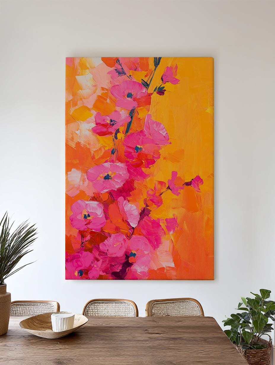 Vibrant Floral Canvas Art | Impasto Painting Print | Bohemian Wall Art For Living Room | Tangerine Fuchsia Art Vertical Canvas