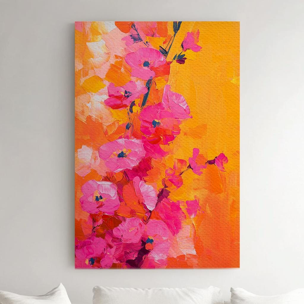 Vibrant Floral Canvas Art | Impasto Painting Print | Bohemian Wall Art For Living Room | Tangerine Fuchsia Art Vertical Canvas