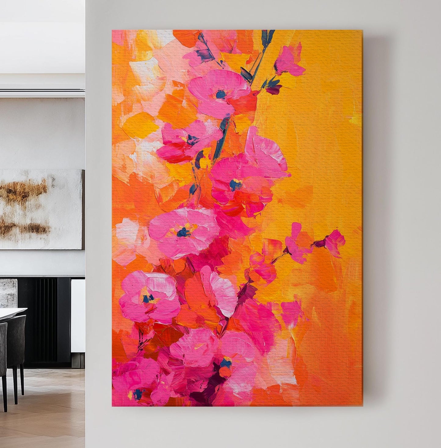 Vibrant Floral Canvas Art | Impasto Painting Print | Bohemian Wall Art For Living Room | Tangerine Fuchsia Art Vertical Canvas