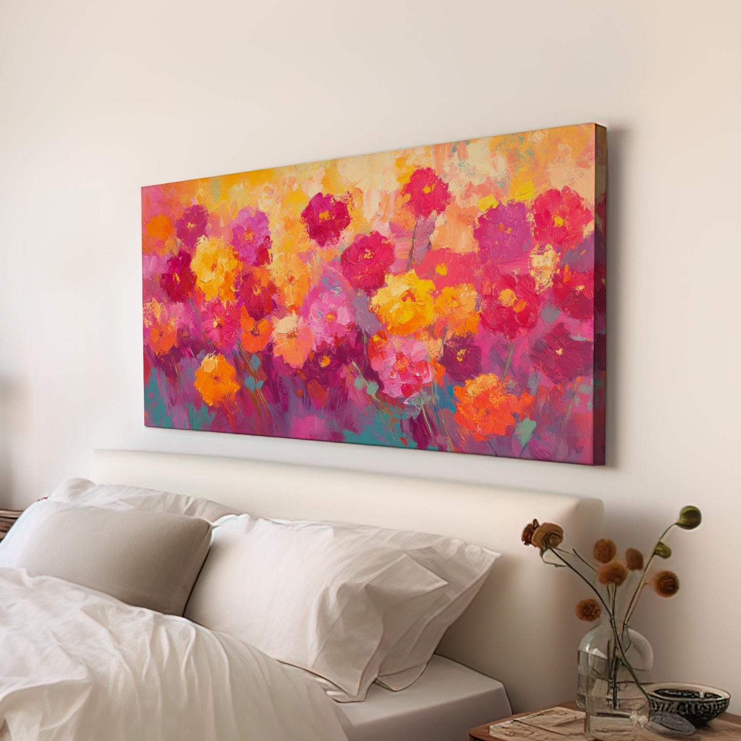 Vibrant Floral Canvas Art | Impasto Impressionism Print | Bohemian Wall Art For Living Room | Sunset Peach Art Horizontal Art
