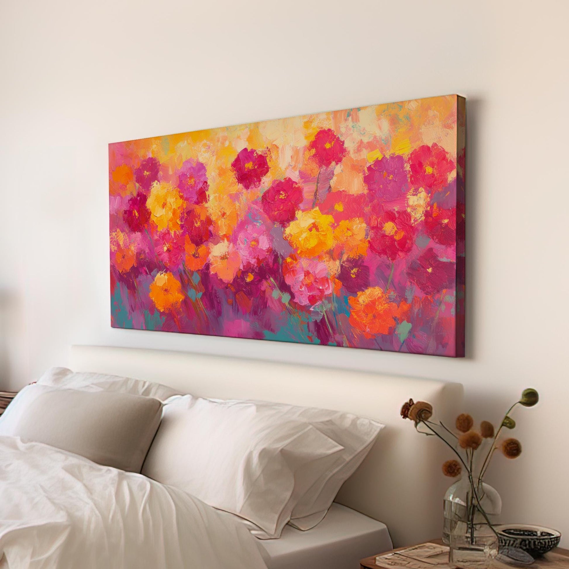 Vibrant Floral Canvas Art | Impasto Impressionism Print | Bohemian Wall Art For Living Room | Sunset Peach Art Horizontal Art