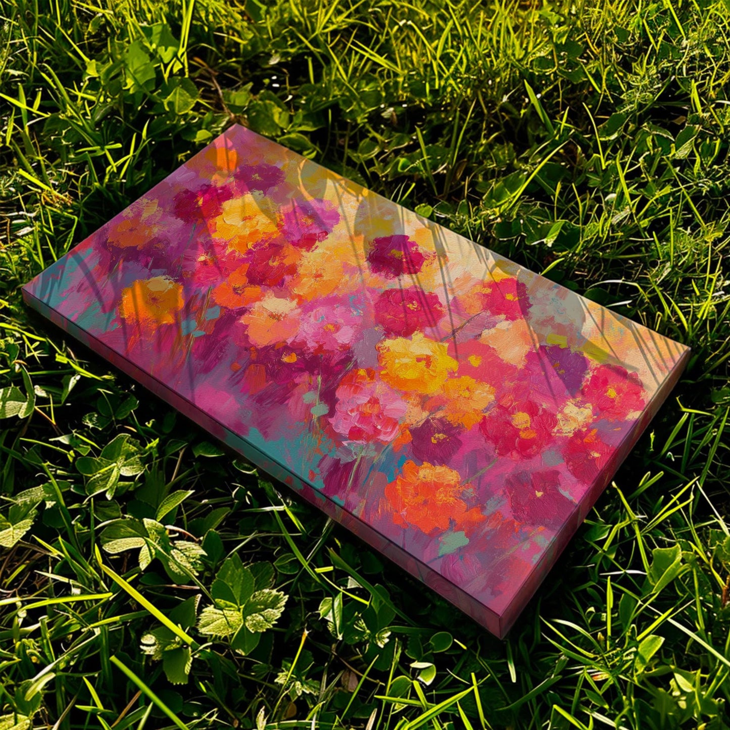 Vibrant Floral Canvas Art | Impasto Impressionism Print | Bohemian Wall Art For Living Room | Sunset Peach Art Horizontal Art
