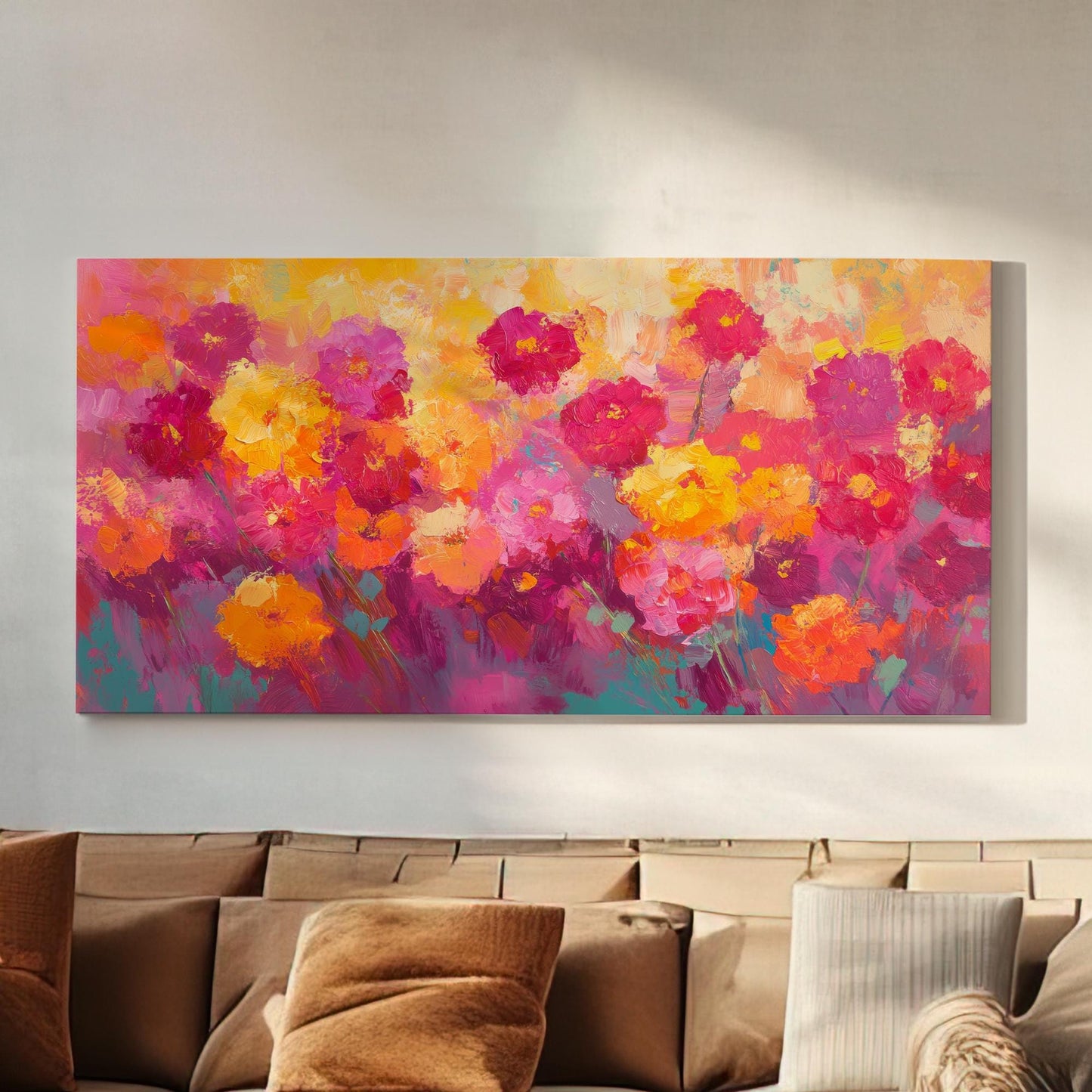 Vibrant Floral Canvas Art | Impasto Impressionism Print | Bohemian Wall Art For Living Room | Sunset Peach Art Horizontal Art