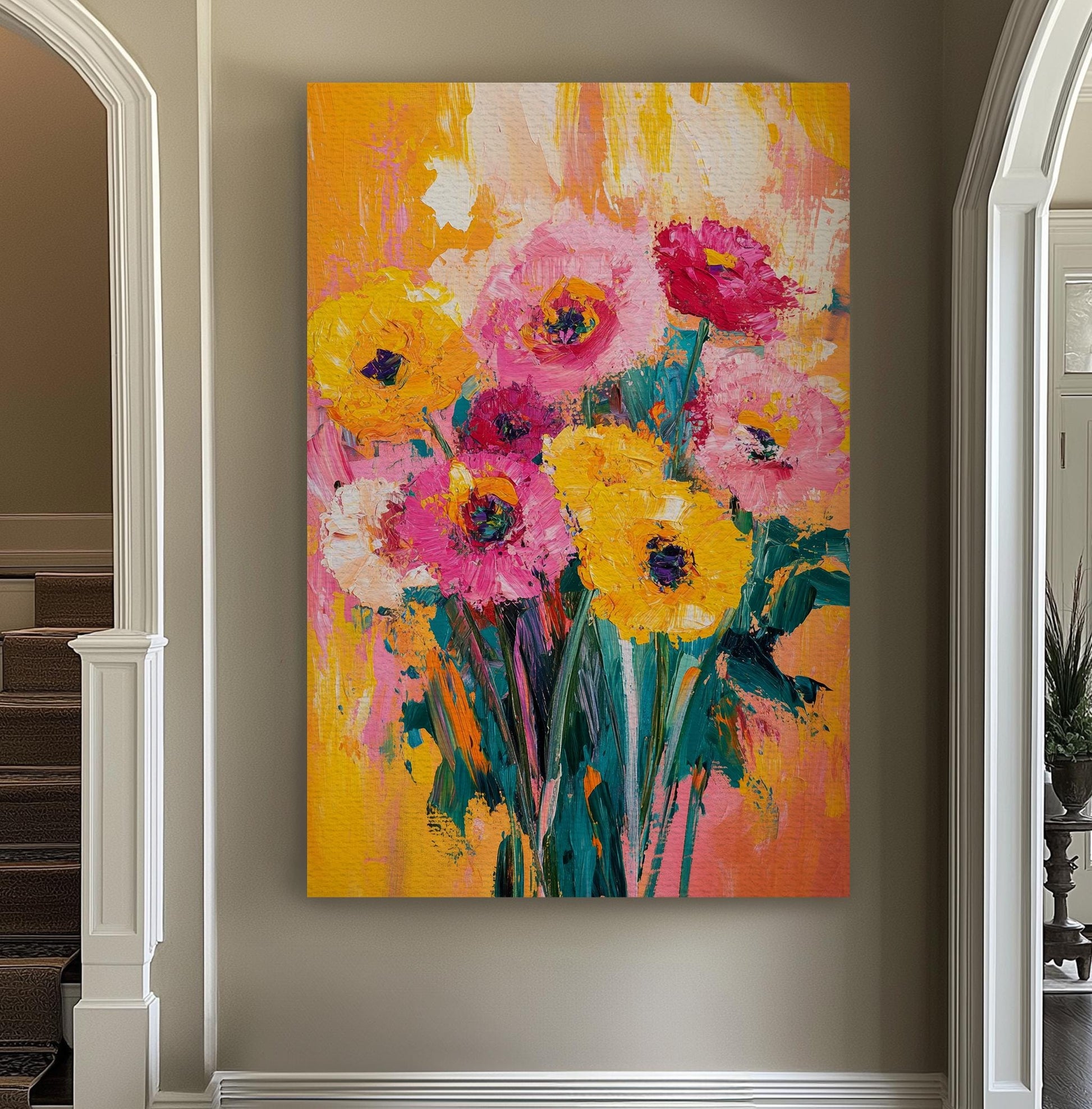 Vibrant Floral Bouquet Canvas Art | Impasto Floral Print | Bohemian Modern Wall Art For Living Room Vertical Canvas