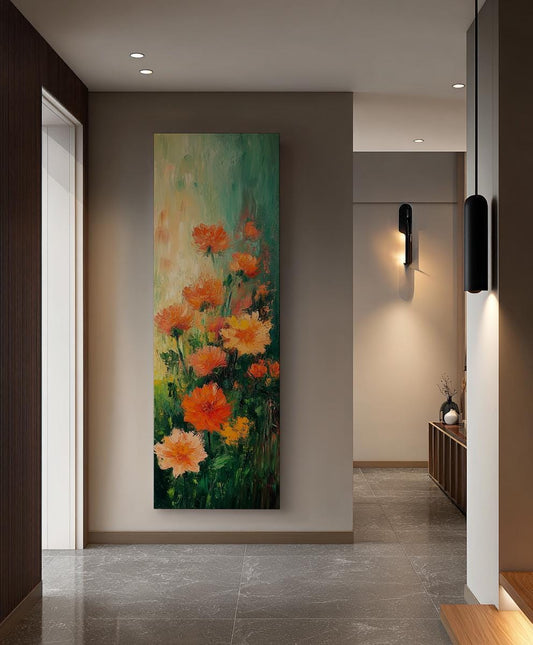 Vibrant Dahlia Garden Canvas Art | Impasto Floral Print | Bohemian Modern Wall Art For Living Room | Apricot Sunset Art Long Vertical Art