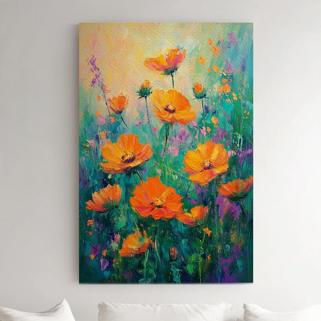 Vibrant Cosmos Meadow Canvas Art | Impasto Floral Print | Bohemian Maximalist Wall Art For Living Room Vertical Canvas