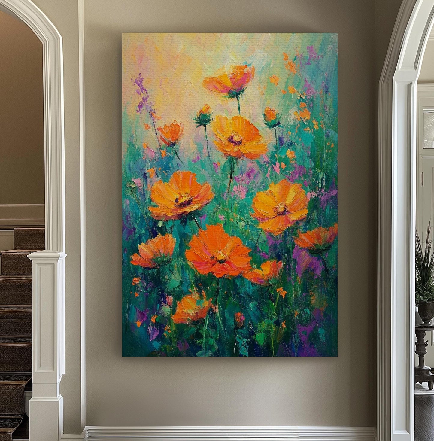 Vibrant Cosmos Meadow Canvas Art | Impasto Floral Print | Bohemian Maximalist Wall Art For Living Room Vertical Canvas