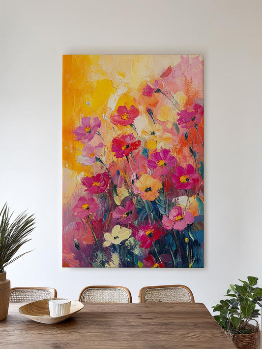 Vibrant Cosmos Floral Canvas Art | Impasto Painting Print | Bohemian Maximalist Wall Art For Living Room Vertical Canvas