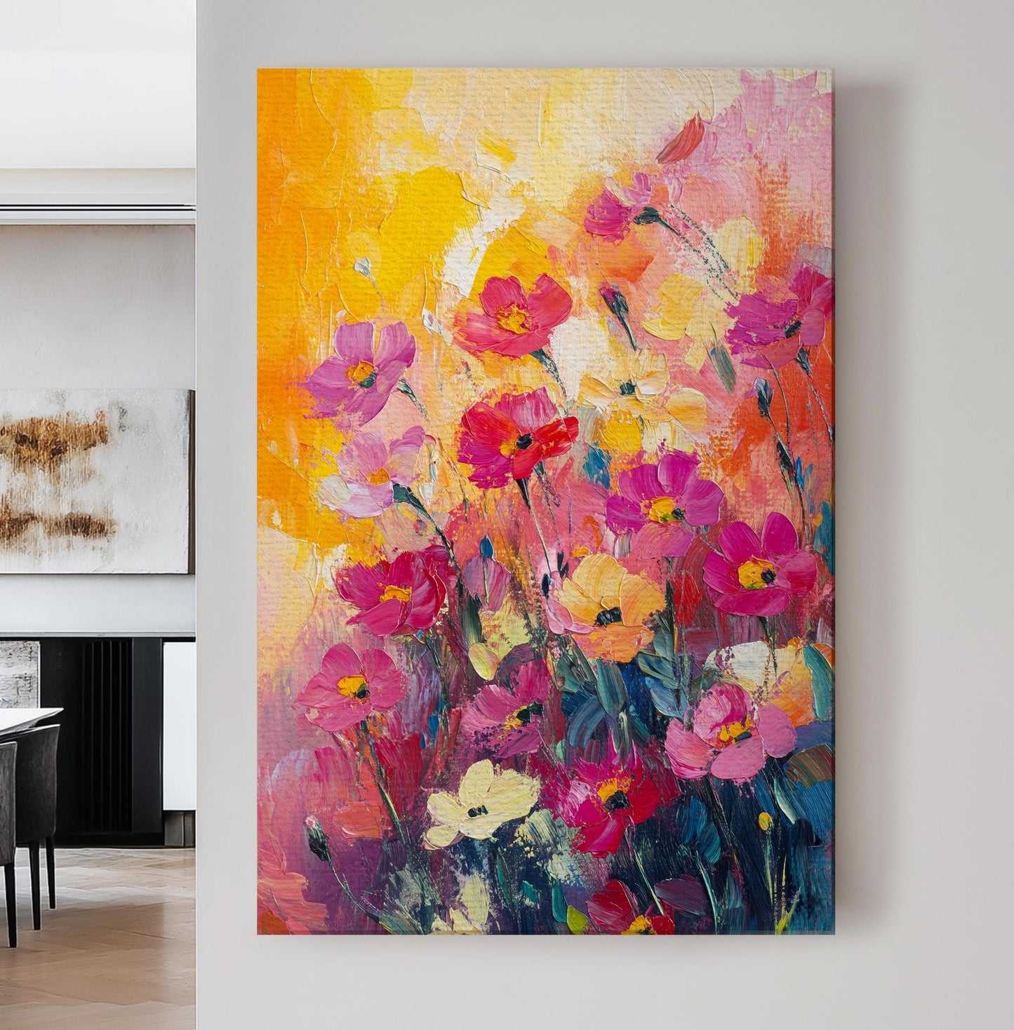 Vibrant Cosmos Floral Canvas Art | Impasto Painting Print | Bohemian Maximalist Wall Art For Living Room Vertical Canvas