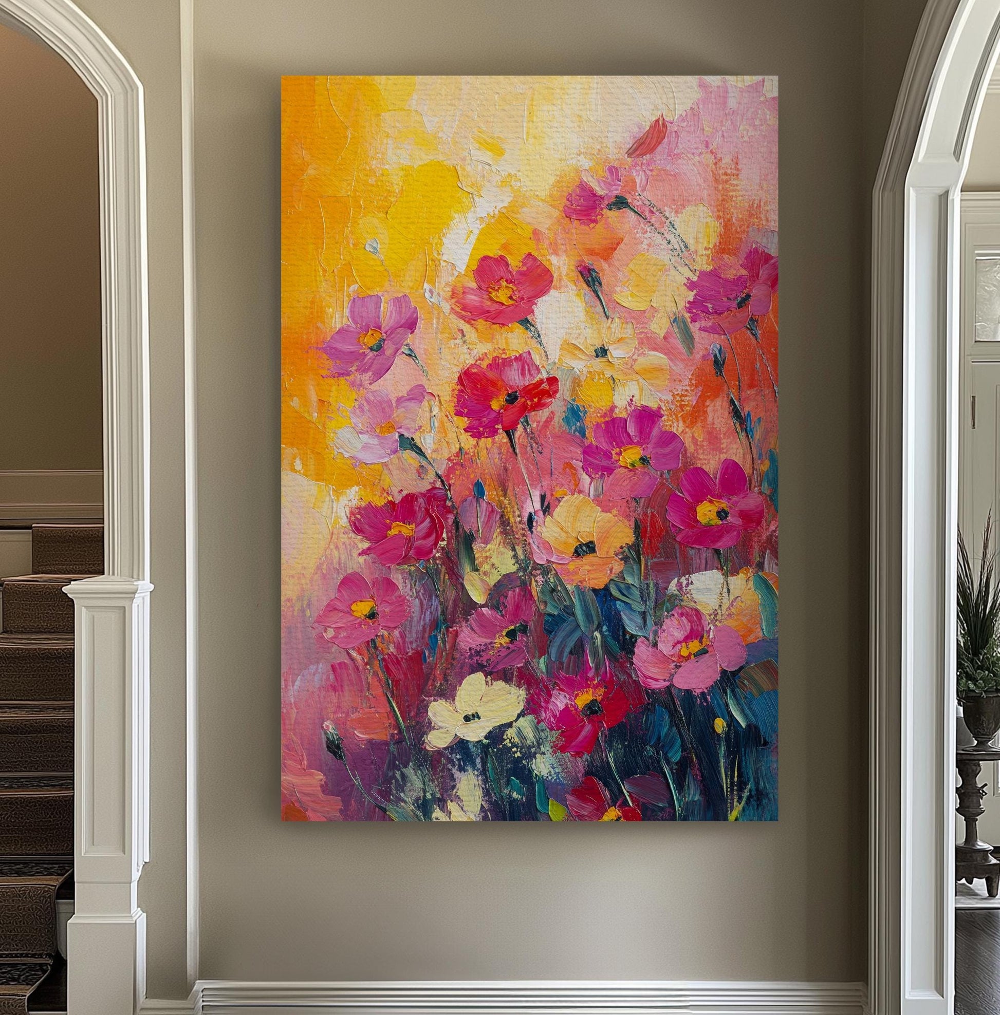 Vibrant Cosmos Floral Canvas Art | Impasto Painting Print | Bohemian Maximalist Wall Art For Living Room Vertical Canvas