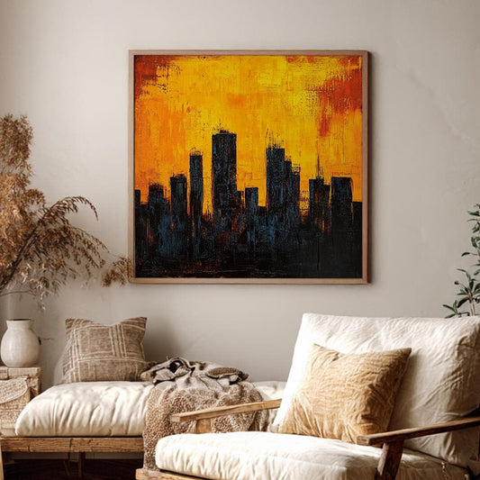 Urban Sunset Canvas Art | Impasto Palette Knife Print | Mid Century Modern Wall Art For Living Room | Saffron Charcoal Art Square Canvas Art