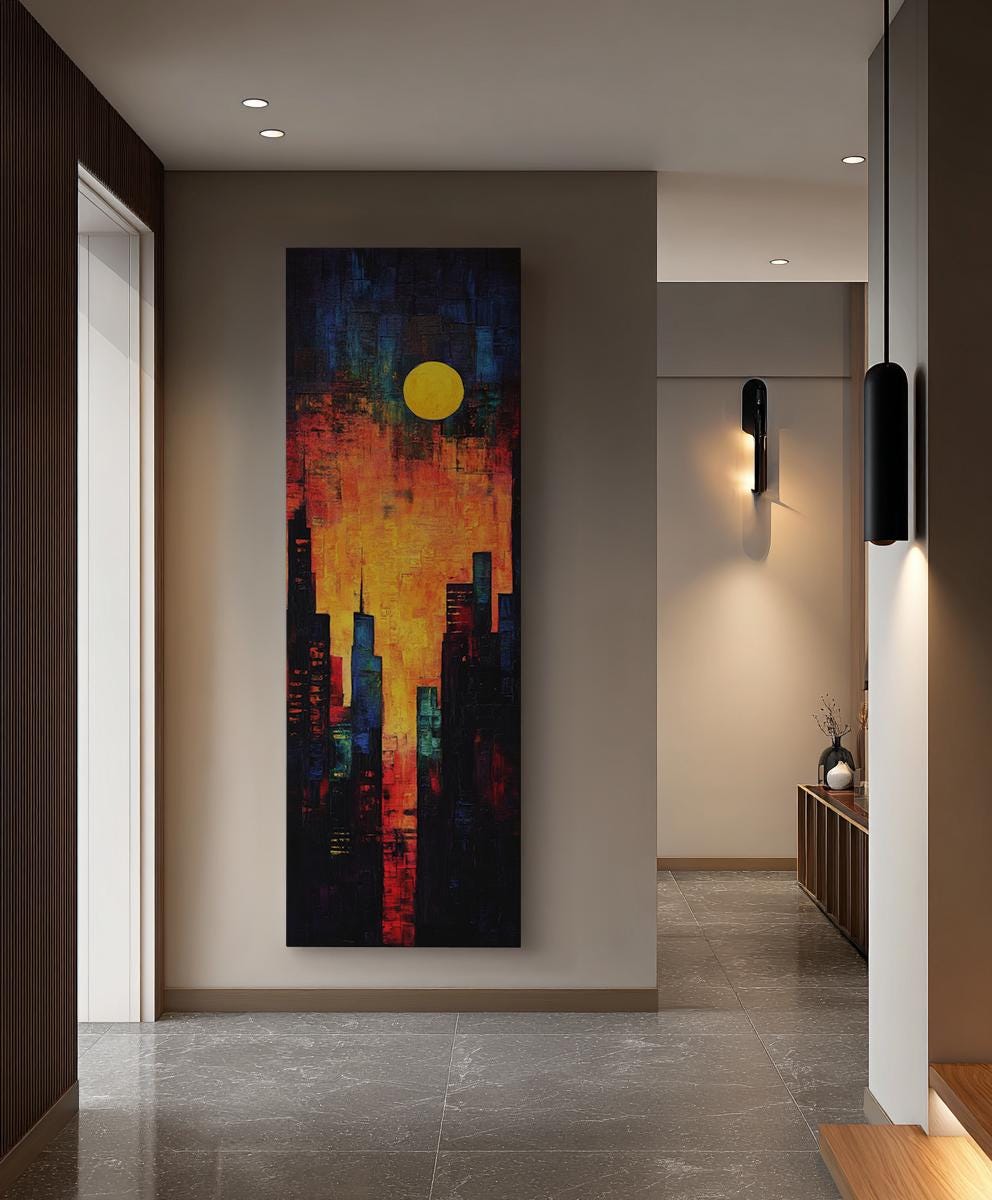 Urban Sunset Canvas Art | Impasto Palette Knife Print | Mid Century Modern Wall Art For Living Room Long Vertical Art