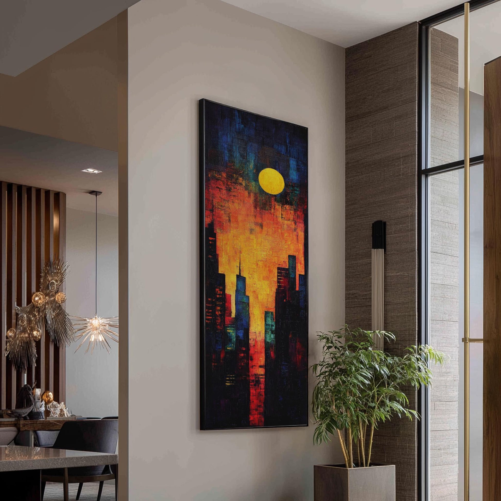 Urban Sunset Canvas Art | Impasto Palette Knife Print | Mid Century Modern Wall Art For Living Room Long Vertical Art