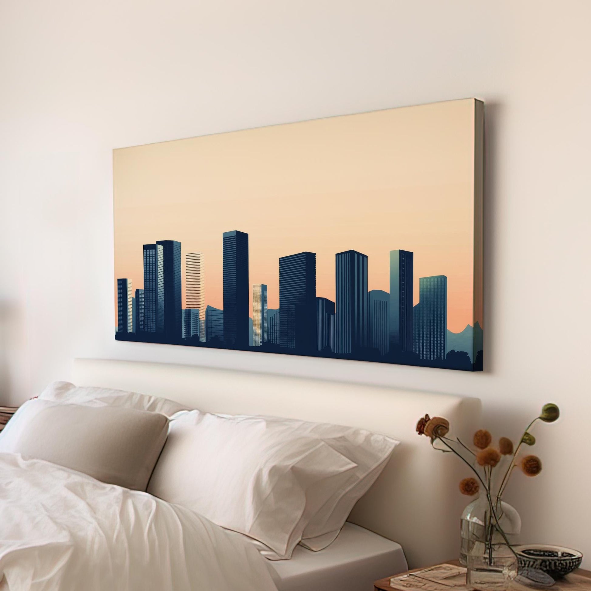 Urban Skyline Canvas Art | Minimalist Geometric Print | Contemporary Wall Art For Living Room | Warm Sunset Hues Art Horizontal Art