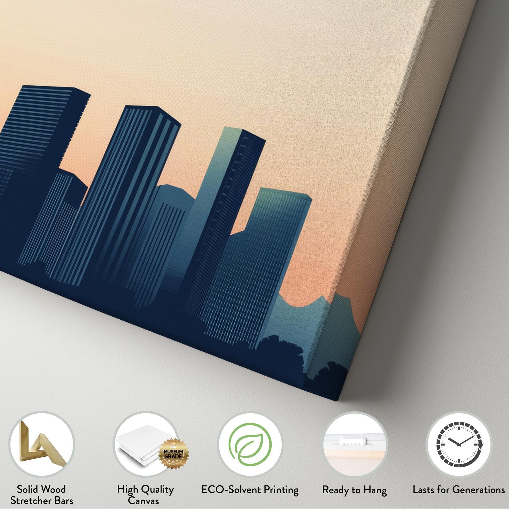 Urban Skyline Canvas Art | Minimalist Geometric Print | Contemporary Wall Art For Living Room | Warm Sunset Hues Art Horizontal Art
