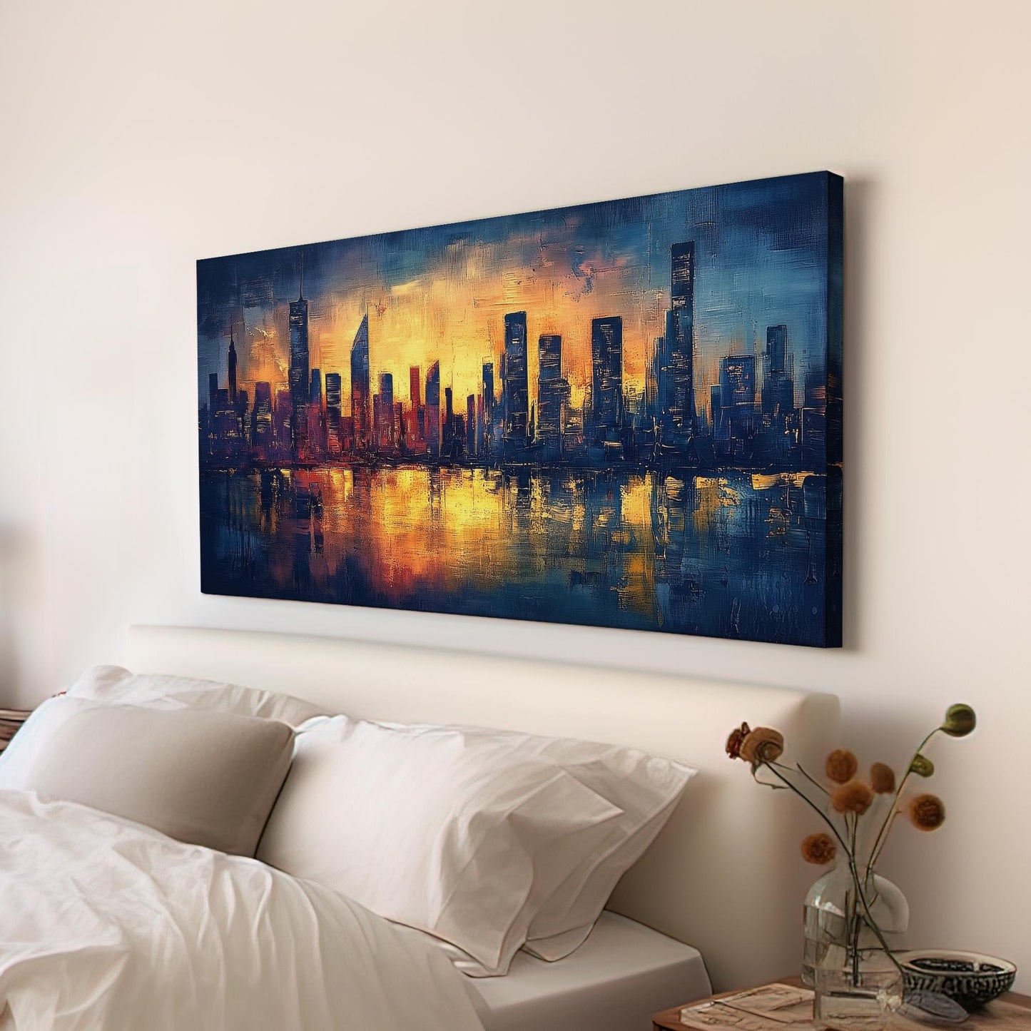 Urban Skyline Canvas Art | Impasto Palette Knife Print | Modernist Wall Art For Living Room | Amber Sunset Art Horizontal Art