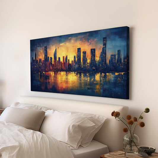 Urban Skyline Canvas Art | Impasto Palette Knife Print | Modernist Wall Art For Living Room | Amber Sunset Art Horizontal Art