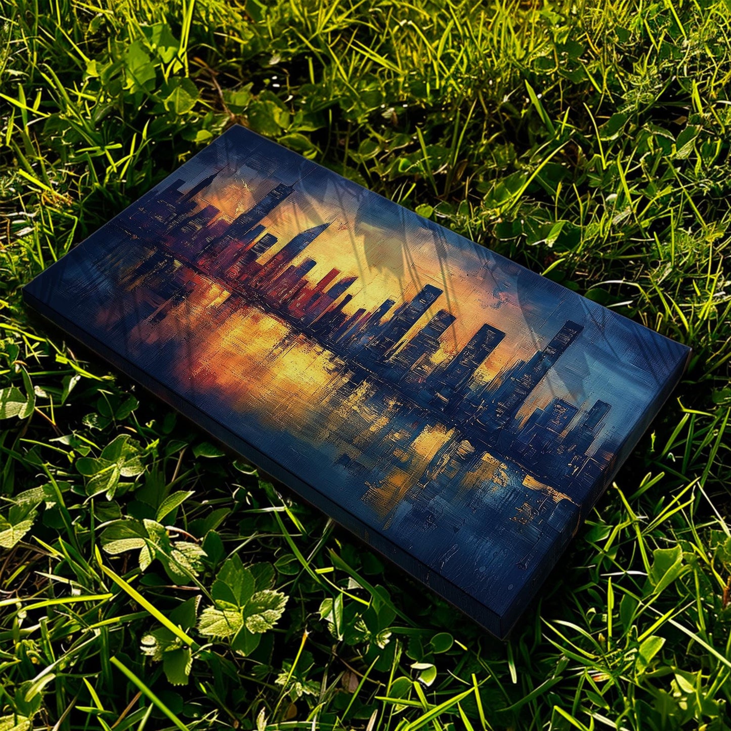 Urban Skyline Canvas Art | Impasto Palette Knife Print | Modernist Wall Art For Living Room | Amber Sunset Art Horizontal Art