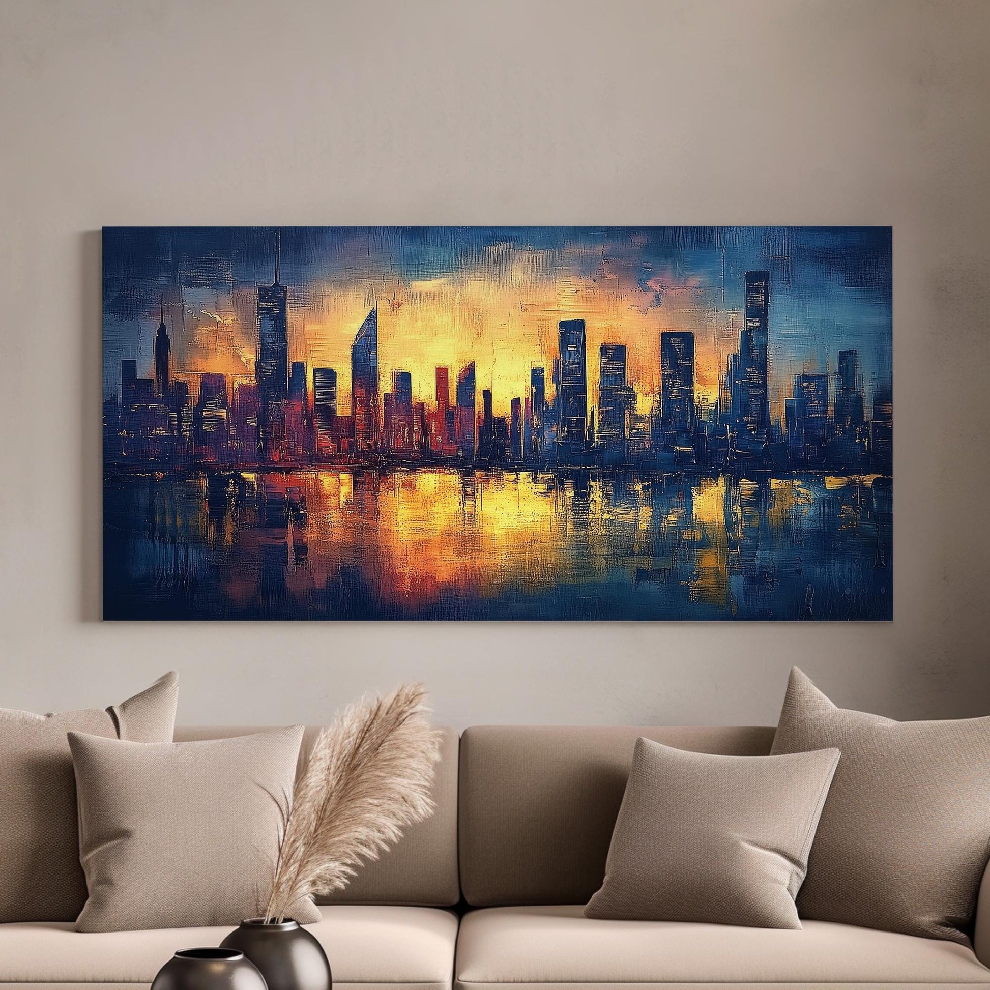 Urban Skyline Canvas Art | Impasto Palette Knife Print | Modernist Wall Art For Living Room | Amber Sunset Art Horizontal Art