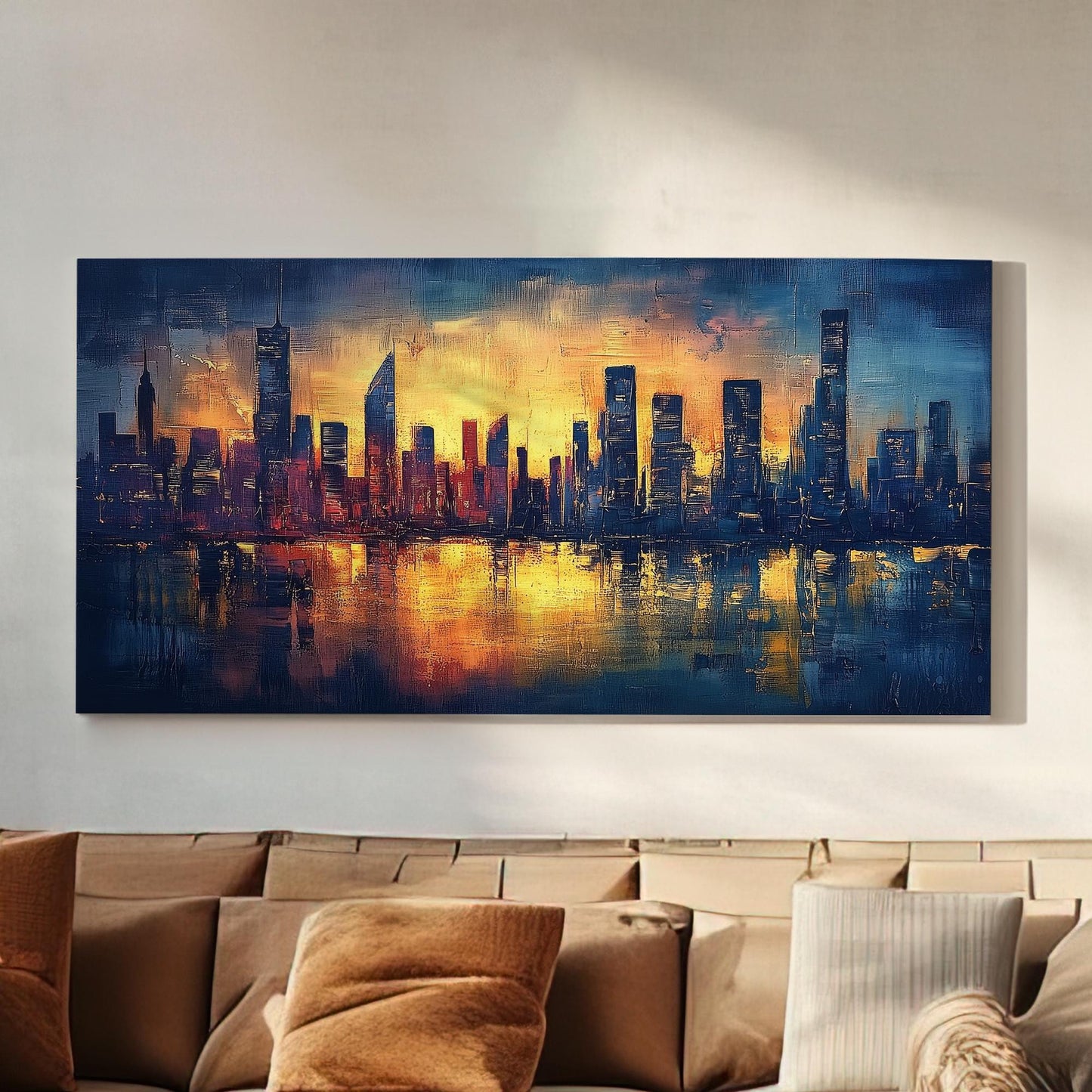 Urban Skyline Canvas Art | Impasto Palette Knife Print | Modernist Wall Art For Living Room | Amber Sunset Art Horizontal Art