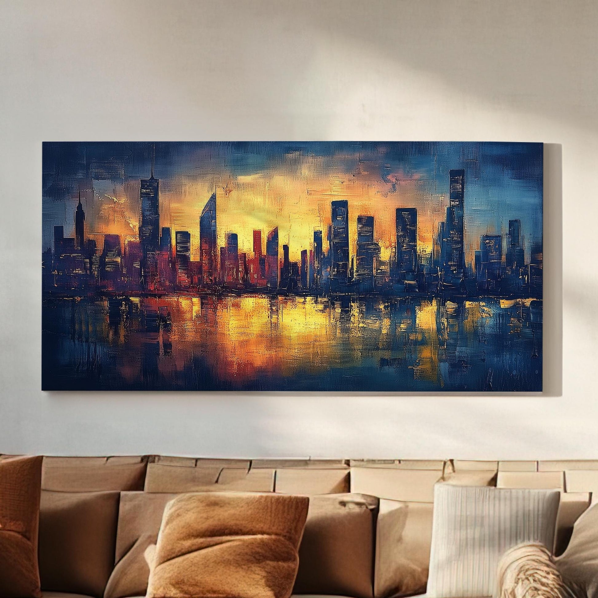 Urban Skyline Canvas Art | Impasto Palette Knife Print | Modernist Wall Art For Living Room | Amber Sunset Art Horizontal Art
