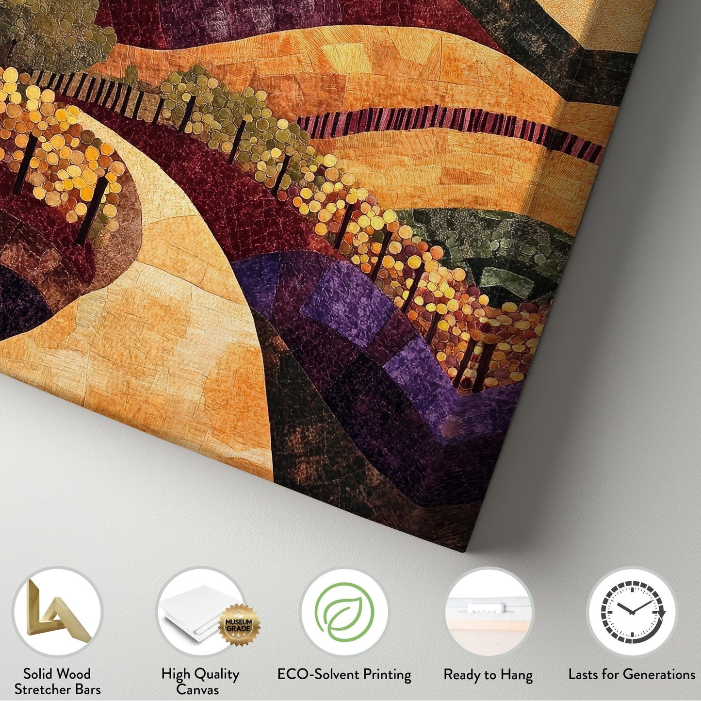 Tuscan Vineyard Canvas Art | Patchwork Textile Print | Modern Farmhouse Wall Art For Living Room | Harvest Gold Art Vertical Canvas