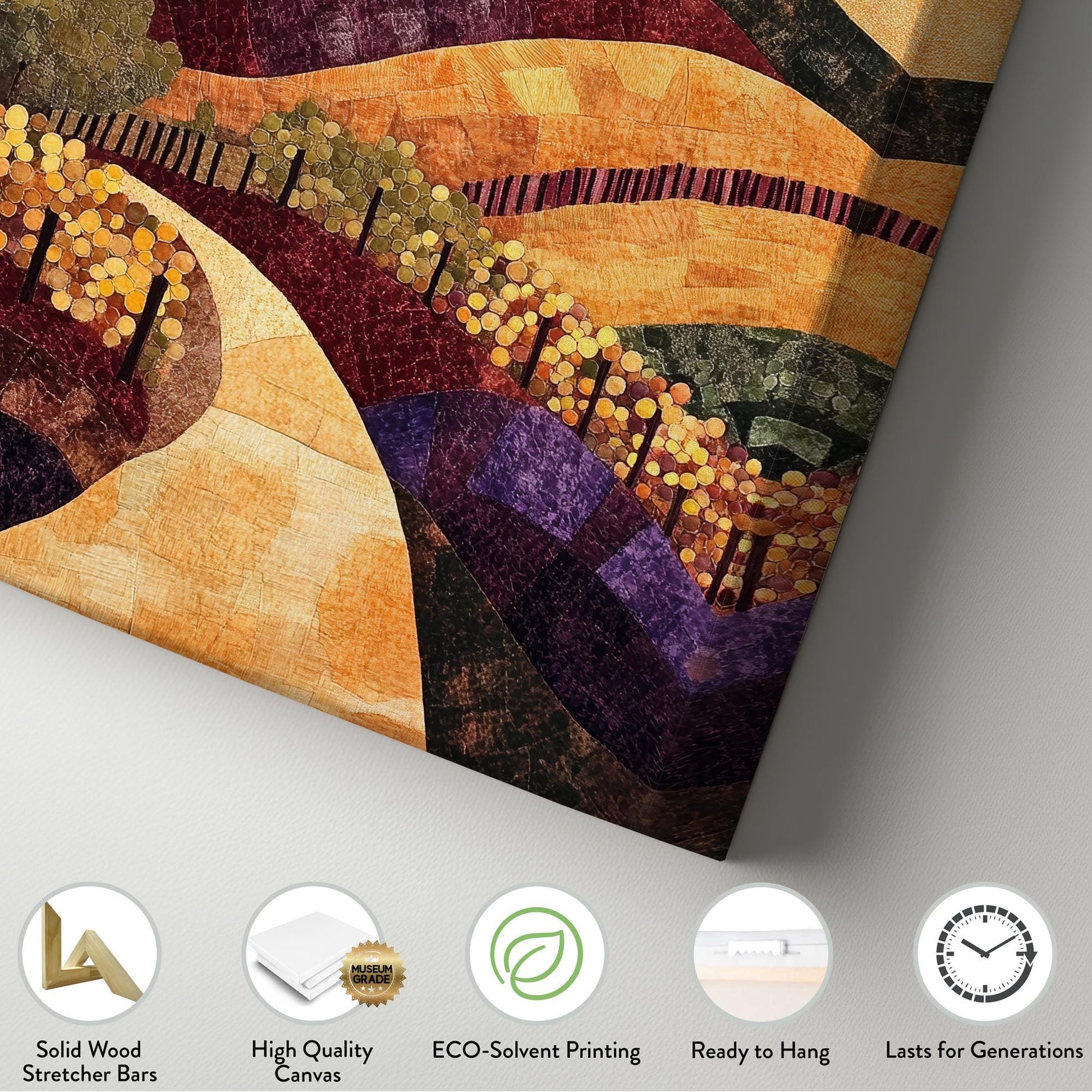 Tuscan Vineyard Canvas Art | Patchwork Textile Print | Modern Farmhouse Wall Art For Living Room | Harvest Gold Art Vertical Canvas