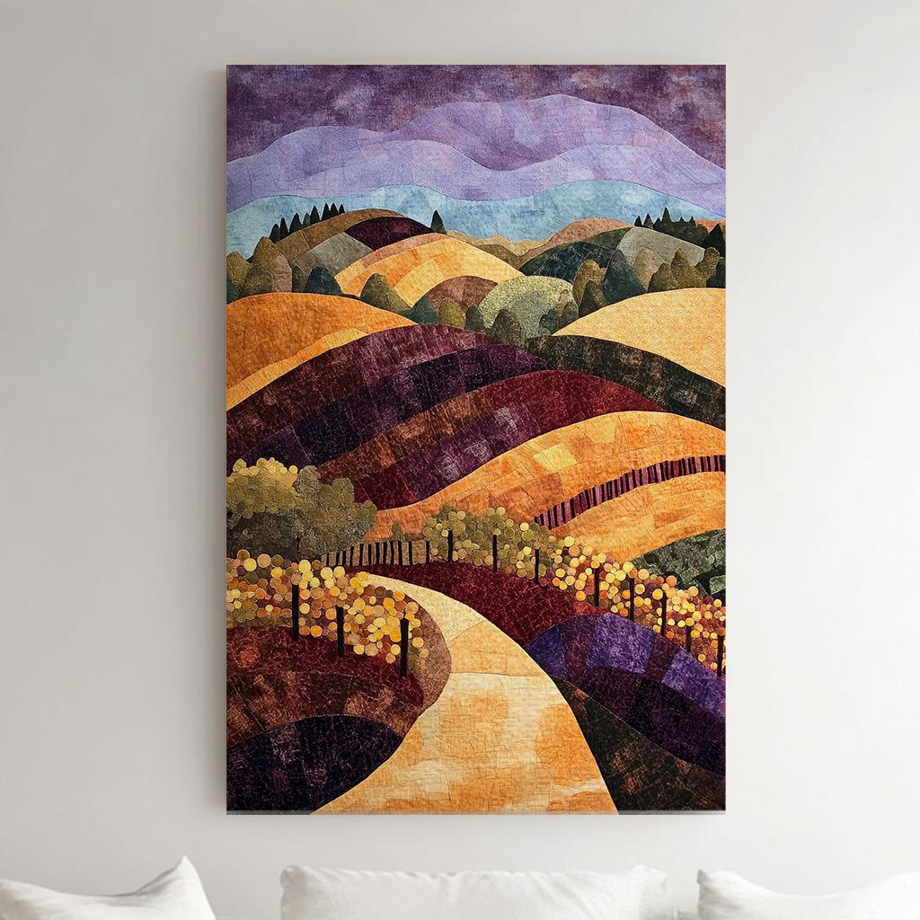 Tuscan Vineyard Canvas Art | Patchwork Textile Print | Modern Farmhouse Wall Art For Living Room | Harvest Gold Art Vertical Canvas