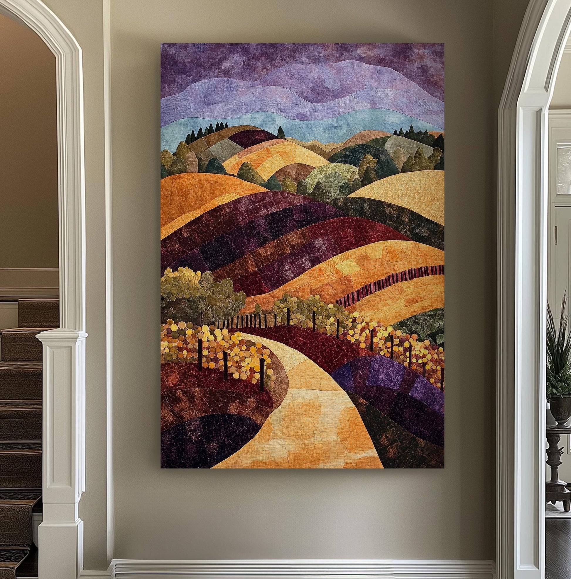Tuscan Vineyard Canvas Art | Patchwork Textile Print | Modern Farmhouse Wall Art For Living Room | Harvest Gold Art Vertical Canvas