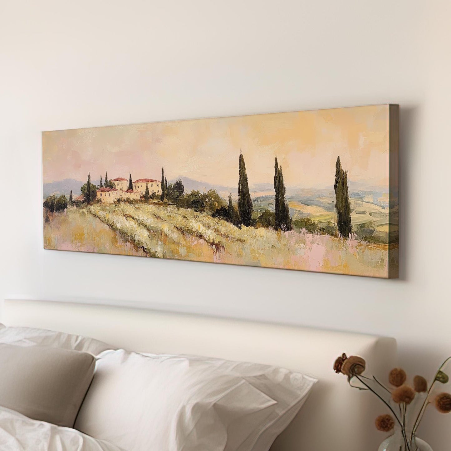 Tuscan Villa Sunset Canvas Art | Impasto Oil Print | Transitional Wall Art For Living Room | Blush Pink Olive Grove Art Panoramic Wall Art