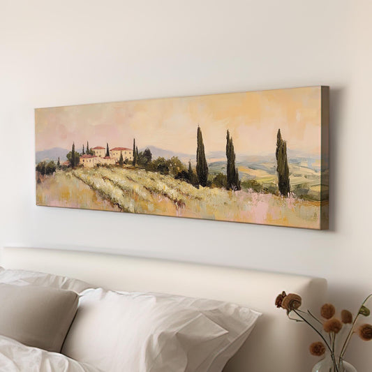 Tuscan Villa Sunset Canvas Art | Impasto Oil Print | Transitional Wall Art For Living Room | Blush Pink Olive Grove Art Panoramic Wall Art