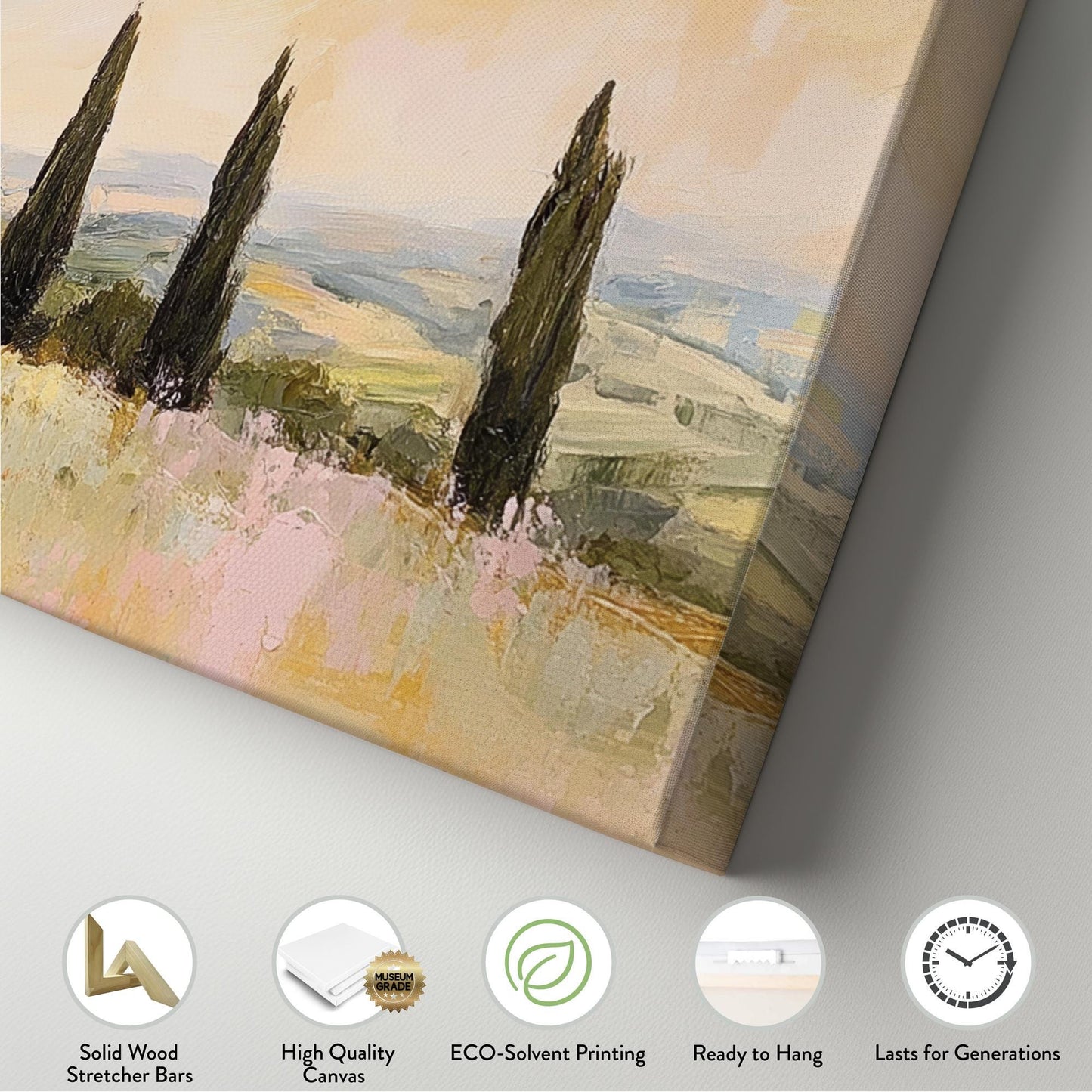 Tuscan Villa Sunset Canvas Art | Impasto Oil Print | Transitional Wall Art For Living Room | Blush Pink Olive Grove Art Panoramic Wall Art