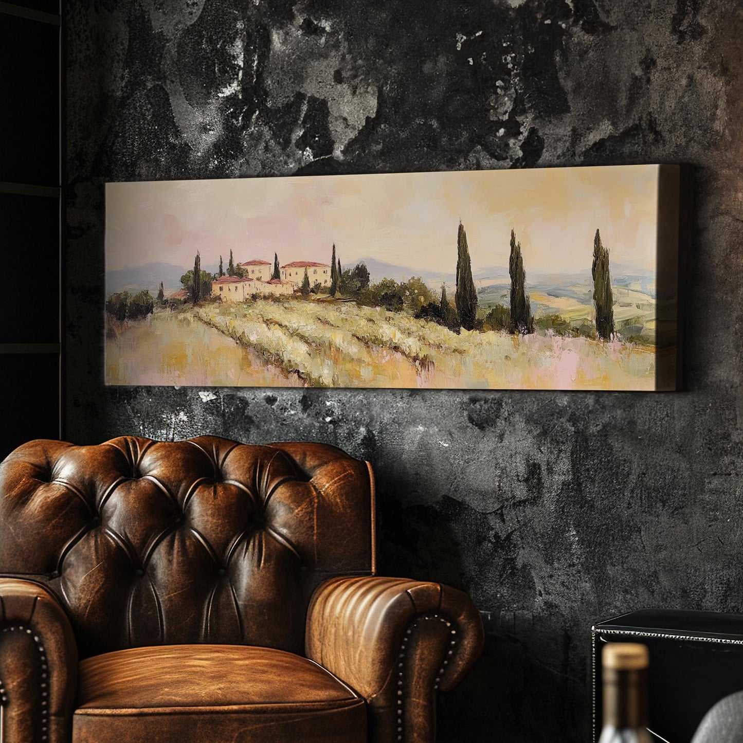 Tuscan Villa Sunset Canvas Art | Impasto Oil Print | Transitional Wall Art For Living Room | Blush Pink Olive Grove Art Panoramic Wall Art