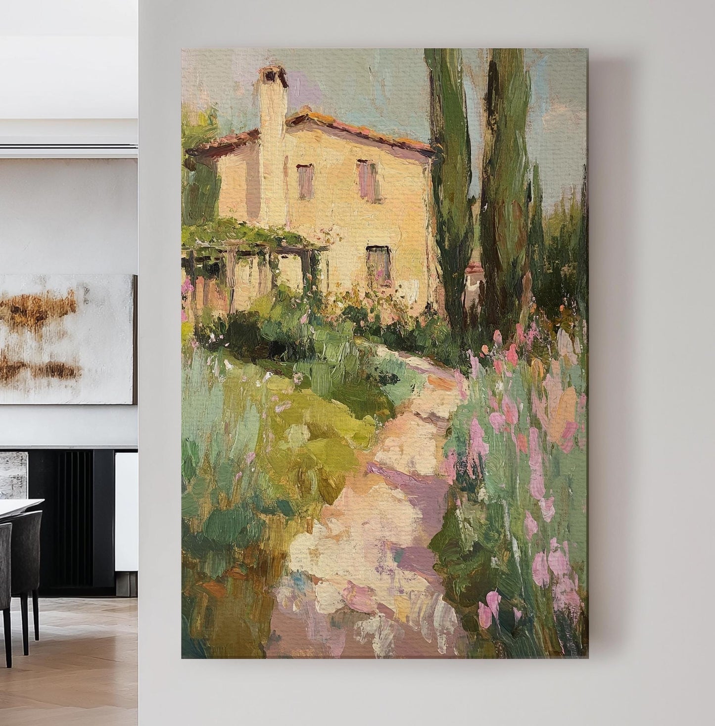 Tuscan Villa Garden Path Canvas Art | Impasto Impressionism Print | Hamptons Style Wall Art For Living Room Vertical Canvas