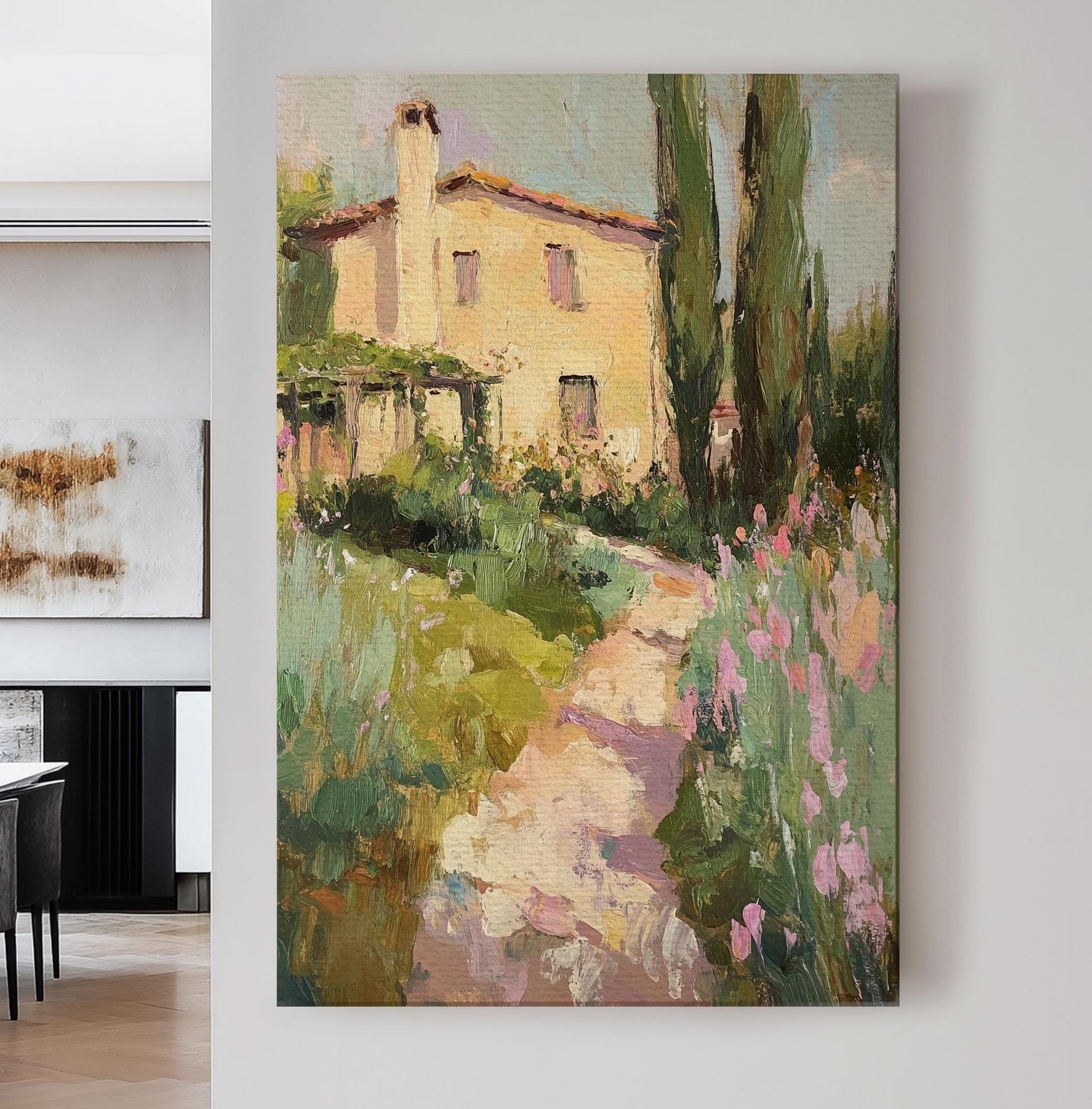 Tuscan Villa Garden Path Canvas Art | Impasto Impressionism Print | Hamptons Style Wall Art For Living Room Vertical Canvas