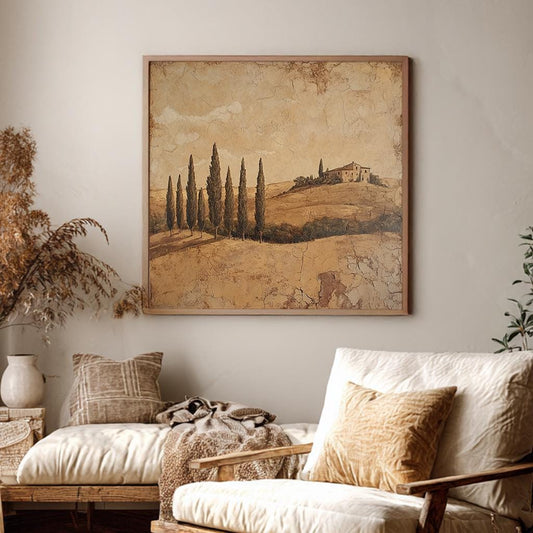 Tuscan Villa Cypress Trees Canvas Art | Distressed Texture Print | Mediterranean Wall Art For Living Room Square Canvas Art