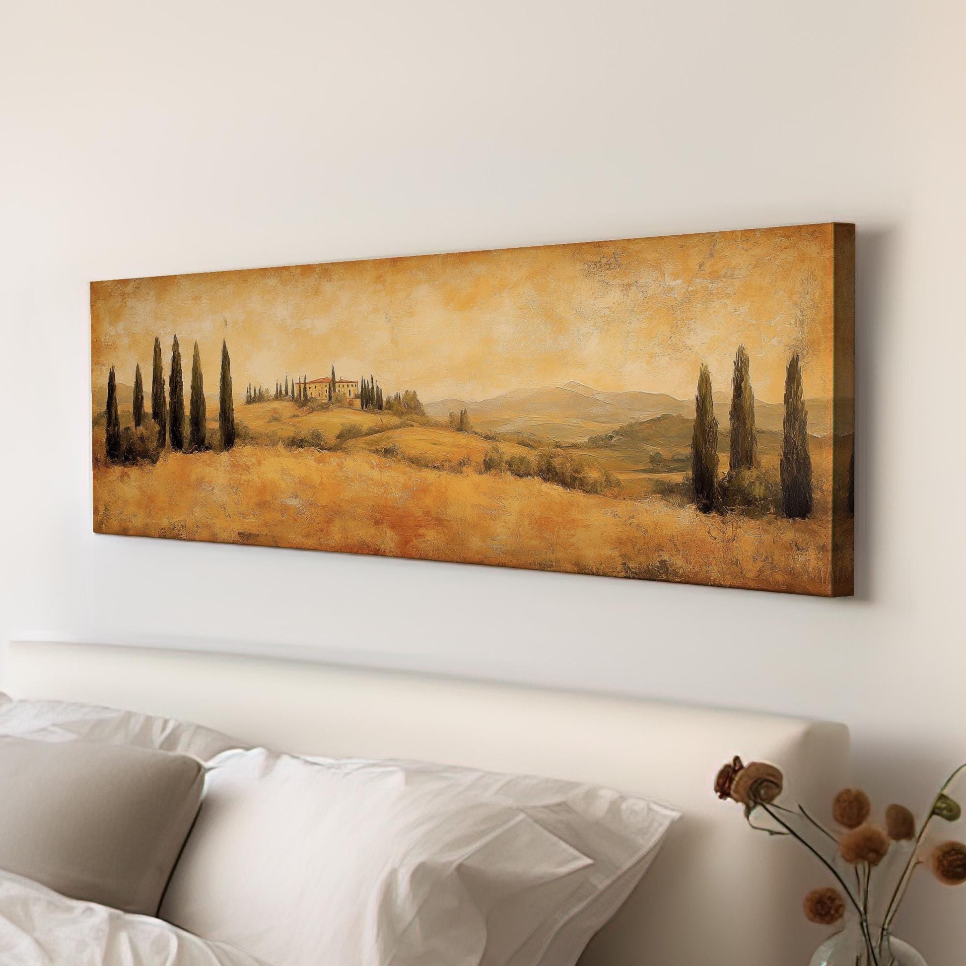 Tuscan Villa Canvas Art | Impasto Painting Print | Transitional Wall Art For Living Room | Golden Hour Art Panoramic Wall Art