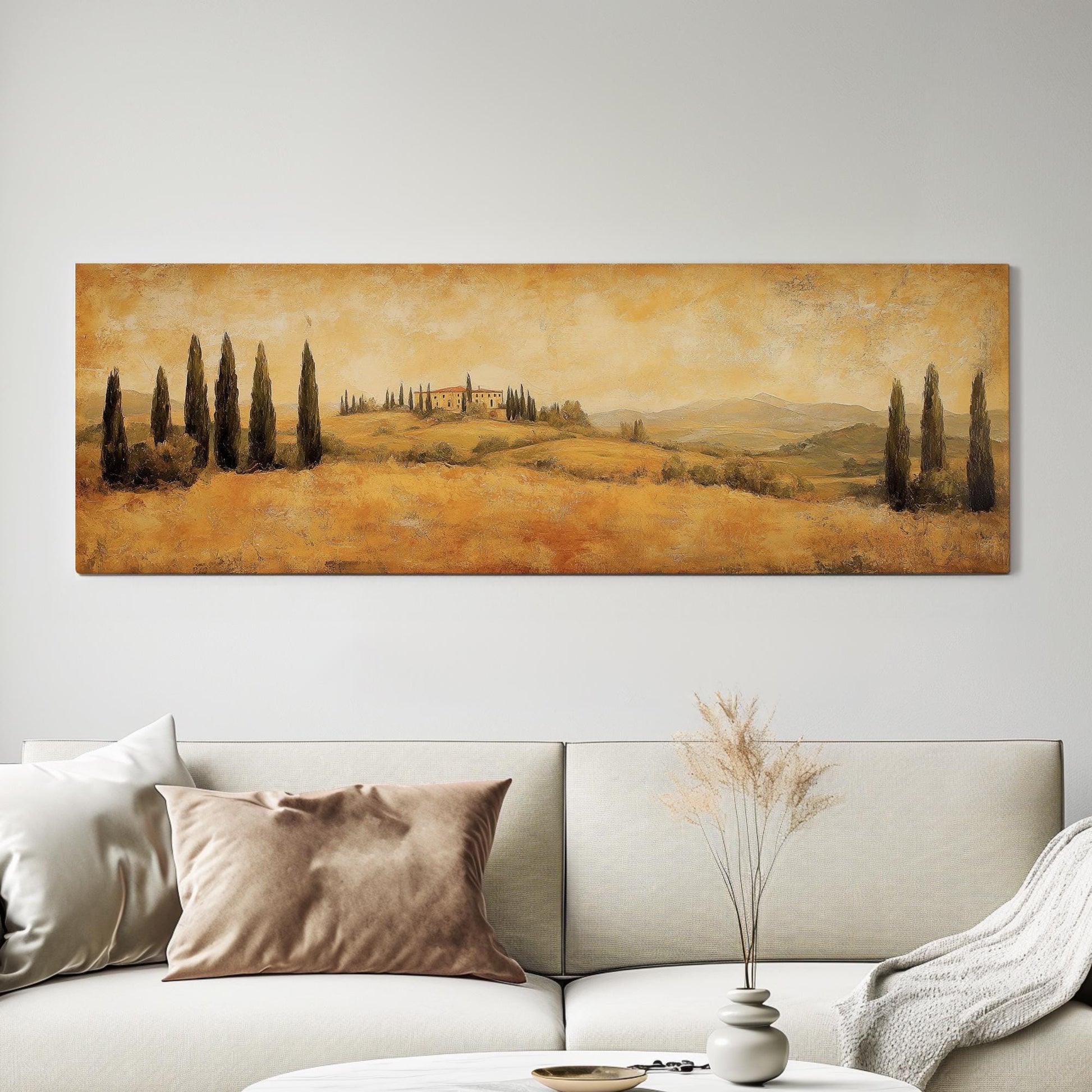 Tuscan Villa Canvas Art | Impasto Painting Print | Transitional Wall Art For Living Room | Golden Hour Art Panoramic Wall Art