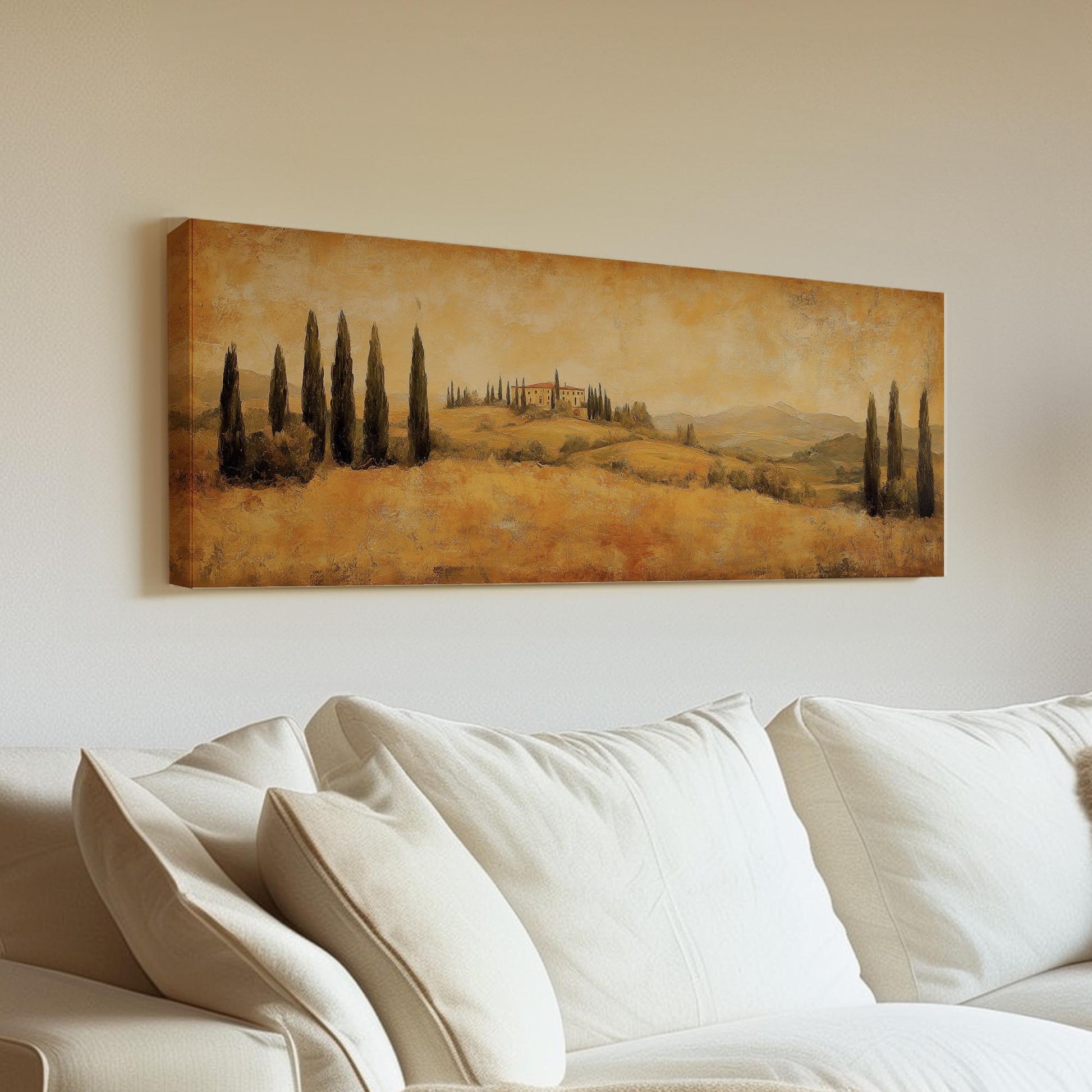 Tuscan Villa Canvas Art | Impasto Painting Print | Transitional Wall Art For Living Room | Golden Hour Art Panoramic Wall Art