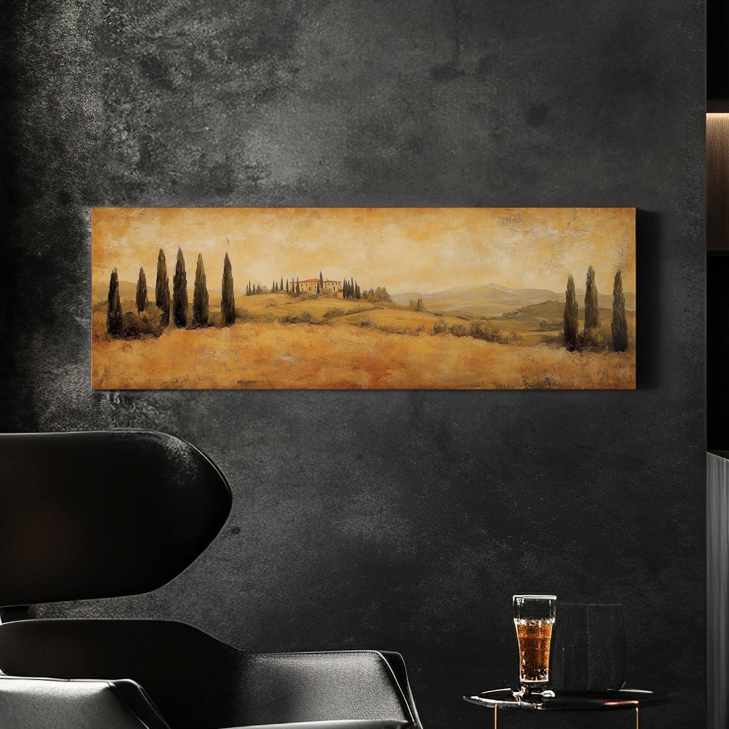 Tuscan Villa Canvas Art | Impasto Painting Print | Transitional Wall Art For Living Room | Golden Hour Art Panoramic Wall Art